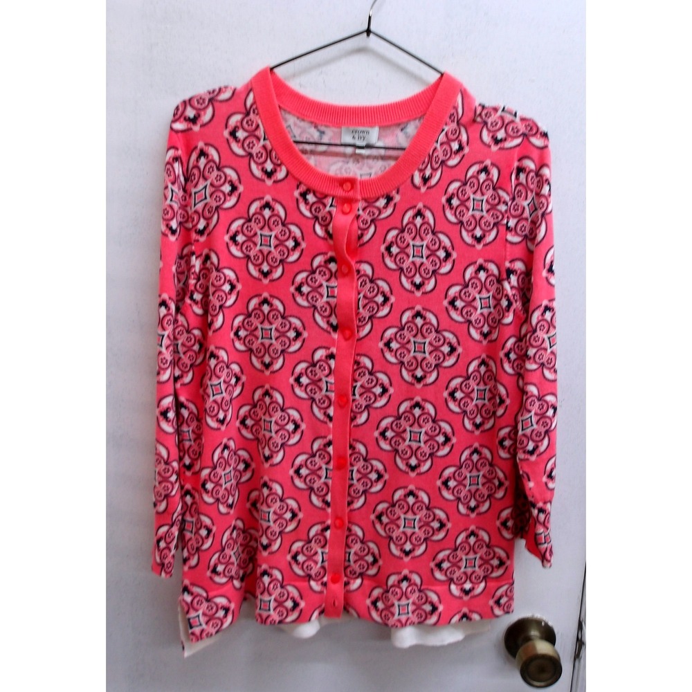 Crown & Ivy Pink Coral Button Front Cardigan Sweater Crew Neck Medium/#26383